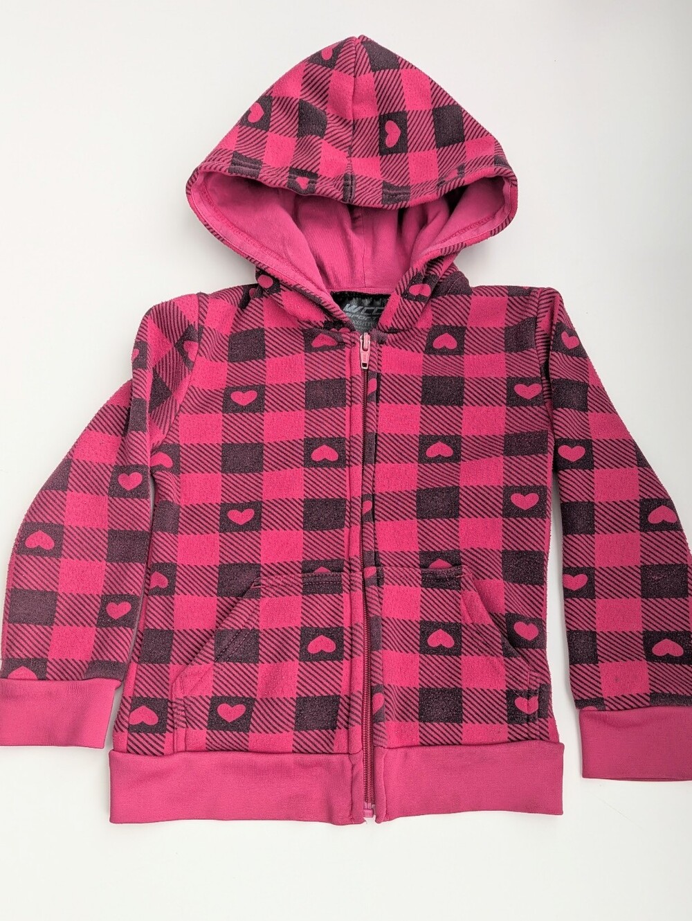 Girls (Size XXS) Hot Pink Heart Plaid Zip-Up Hoodie Sweatshirt